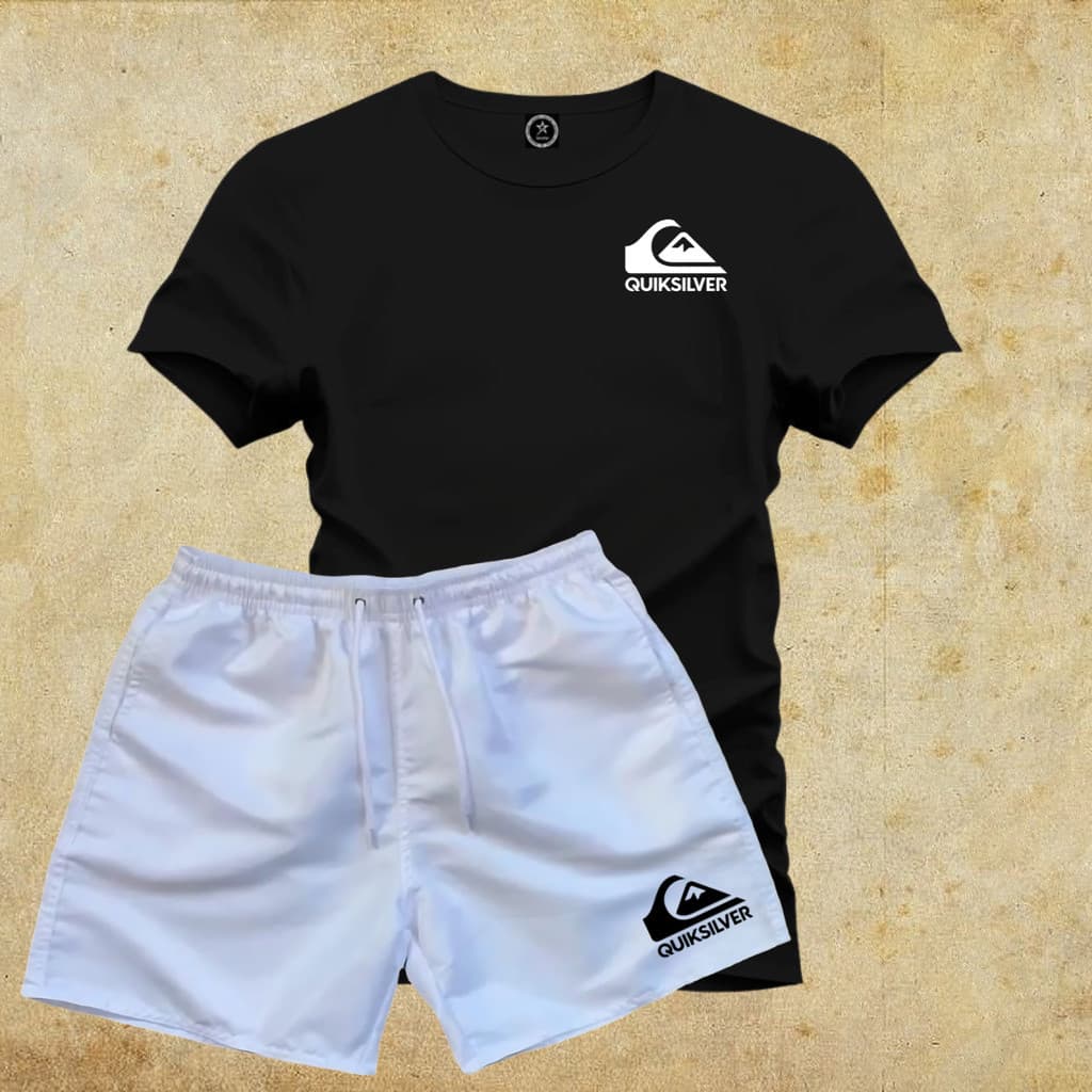 Kit Conjunto Camiseta 100% Algodão Q Silver + Bermuda Moda Praia Tactel Branco