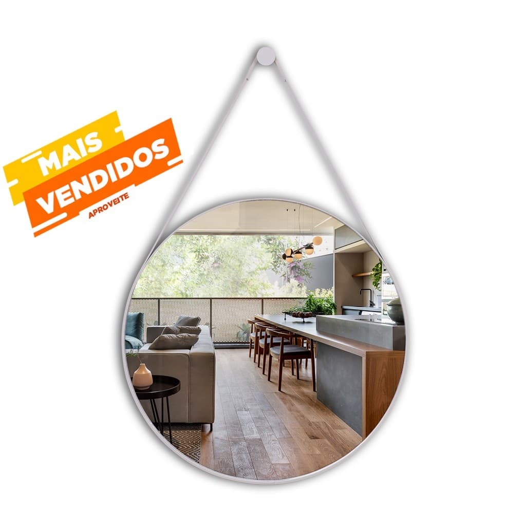 Espelho Redondo Decorativo Adnet 60cm 40cm Com Alça Couro Para Sala Quarto Banheiro Hall Lavabo + Pino de Parede