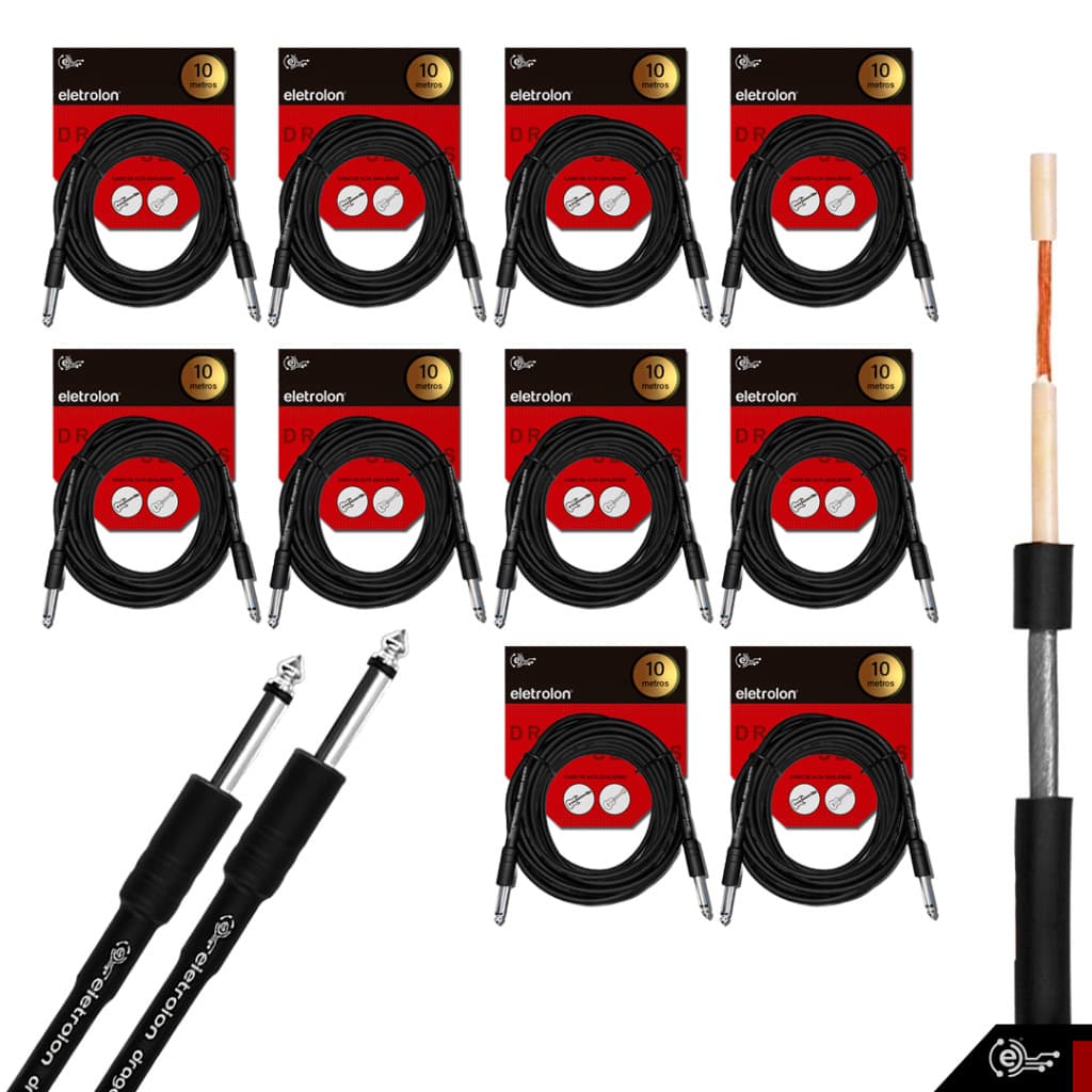 Kit 10 Cabo P10 P10 P/ Guitarra Violão Baixo Mono 10m Metros