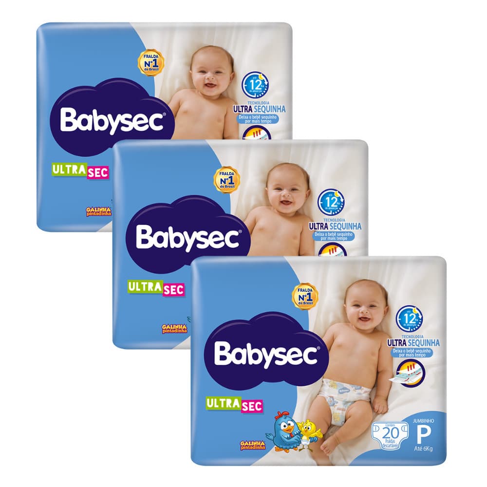 Kit com 3 Pacotes Fralda Babysec UltraSec Jumbinho P Galinha Pintadinha 20un