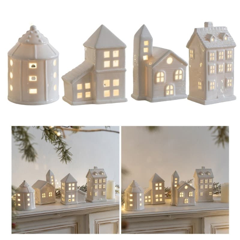 yu Porcelanas Casa De Vila Em Miniatura Com Luz LED Cerâmica Brilhante Estatueta Decoração De Mesa De Natal Orname