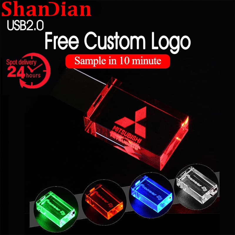 SHANDIAN Metal Crystal USB 2.0 Flash Drives 16GB Pioneer Dj Pequeno Pendrive 8GB Luminous LED thumbdrive 4GB Logotipo Personalizado Gratuito High Speed Can Armazenar Músicas Unidades Externas
