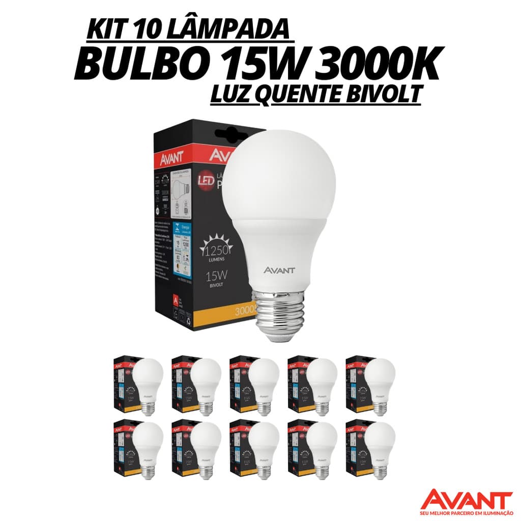 Kit 10 Lâmpada Led Bulbo 15W 3000K Branca-Quente Bivolt E27