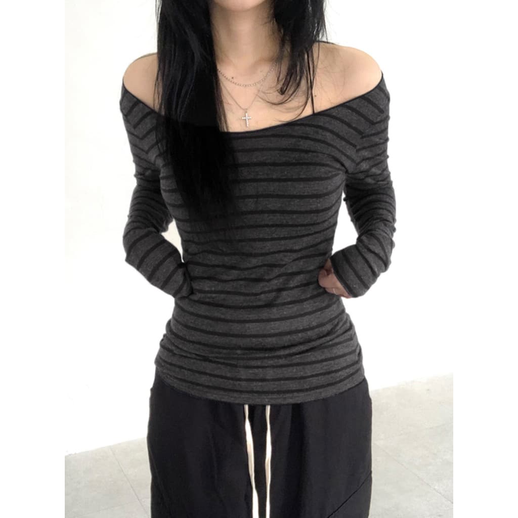 Camiseta Japonesa Básica Slim Manga Longa Listrada Oferta Ombro O Pescoço Coreano Estilo Rua Primavera Outono