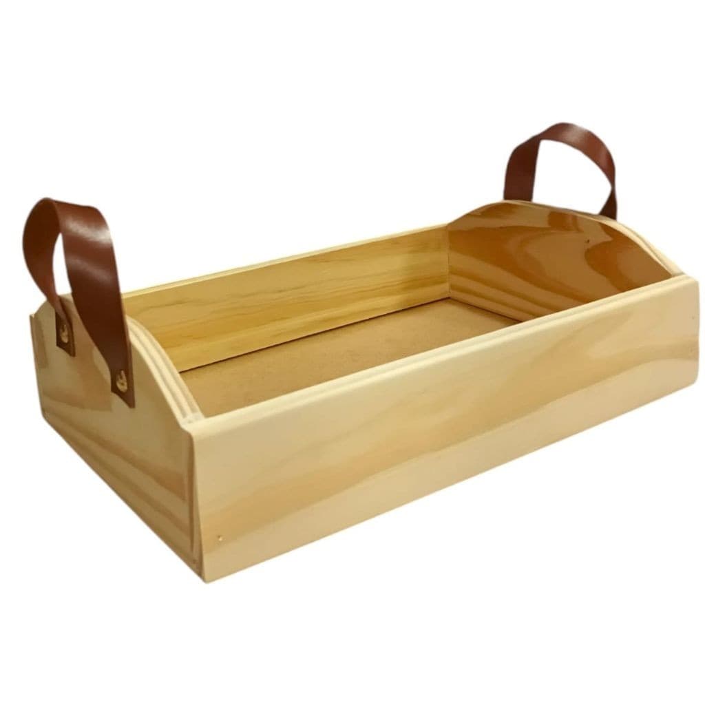 Bandeja Café da Manhã Madeira Cesta de Decoração Alça em Couro 20X30X8,5cm Dia das Mães