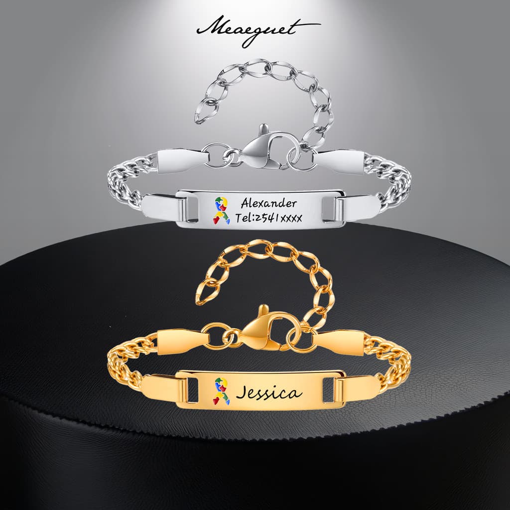 Pulseira De Autismo Personalizada Meaeguet Para Bebês E Crianças Pequenas , Quebra-Cabeça Dourada 18K Com Nome Joias Recém-Nascidos