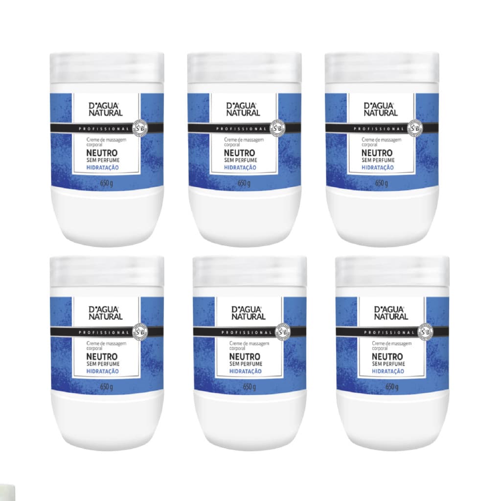 D'agua Natural: Creme de Massagem Neutro - Kit com 6 Unidades de 650g