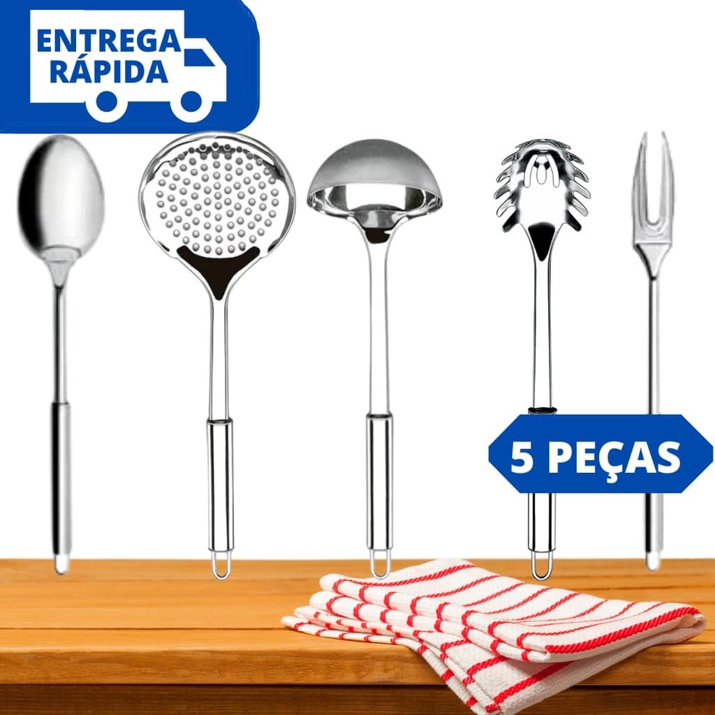 Kit Utensílios de Cozinha 5 Peças 100%  Inox Jogo Talheres Colher Escumadeira Concha Pegador Massa e Pegador Universal