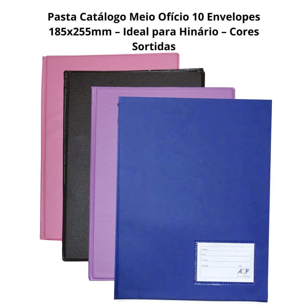 Kit com 10 Pasta Catálogo Meio Ofício 10 Envelopes 185x255mm – Ideal para Hinário – Cores Sortidas