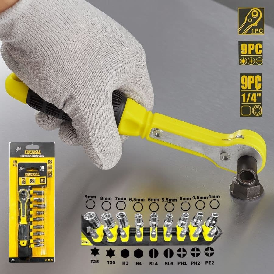Jogo Chave Catraca Com Soquetes Kit 19 Peças Tipo Canhão E Bits Uso Geral Mini Kit Reparo Casa
