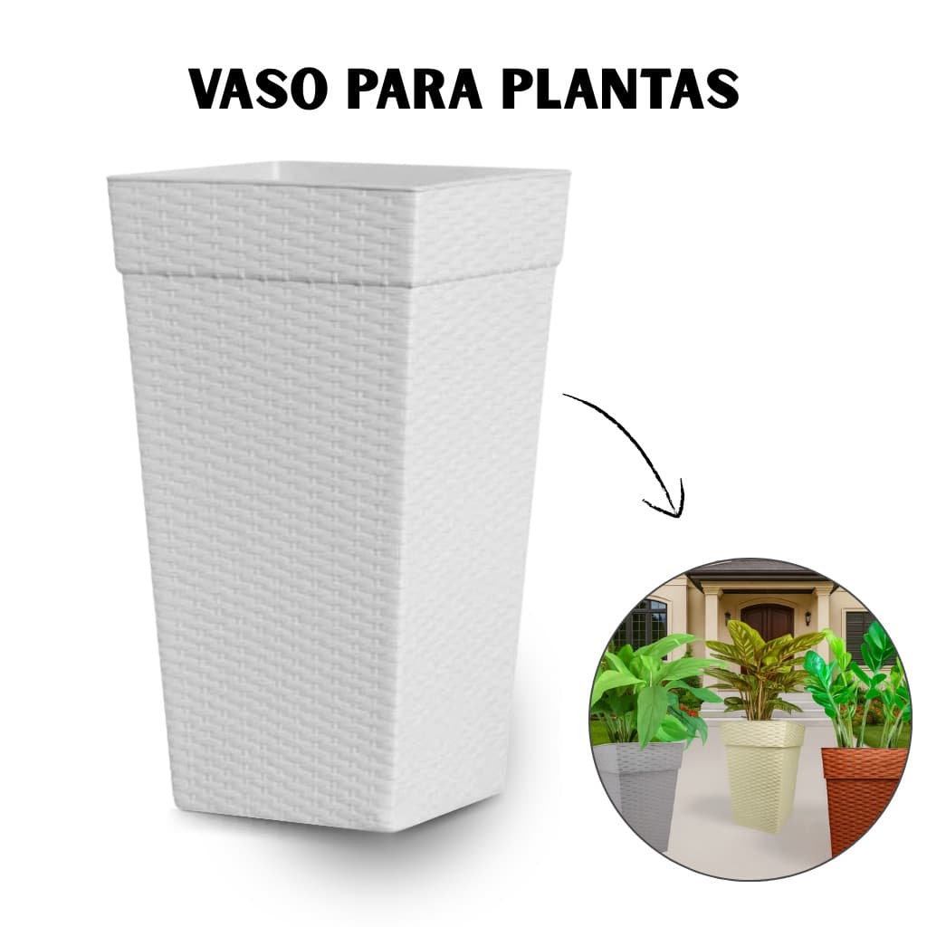Vaso Grande Coluna Quadrado Rattan Para Flores E Plantas 28l