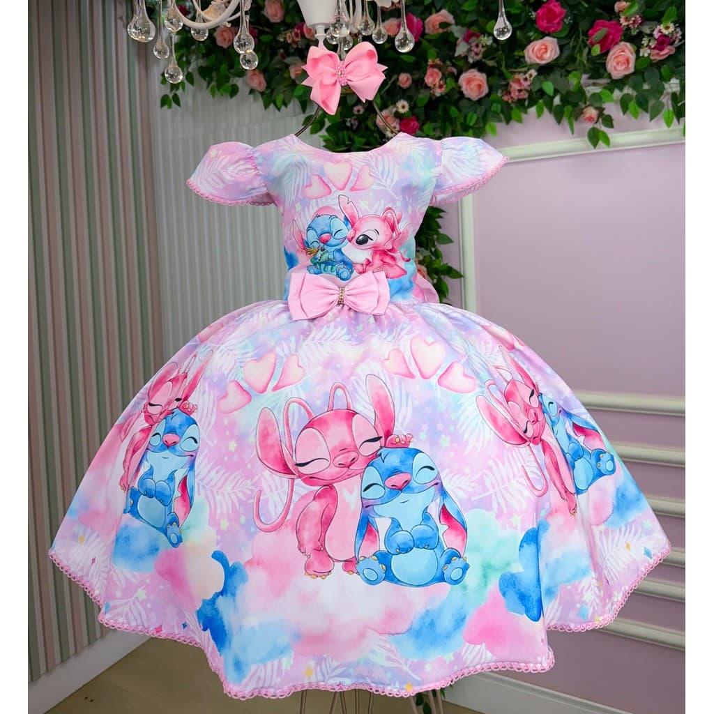 Vestido Infantil Luxo Stitch e Angel Rosa Festa Princesa Luxo Confortável Fofo Elegante Juvenil