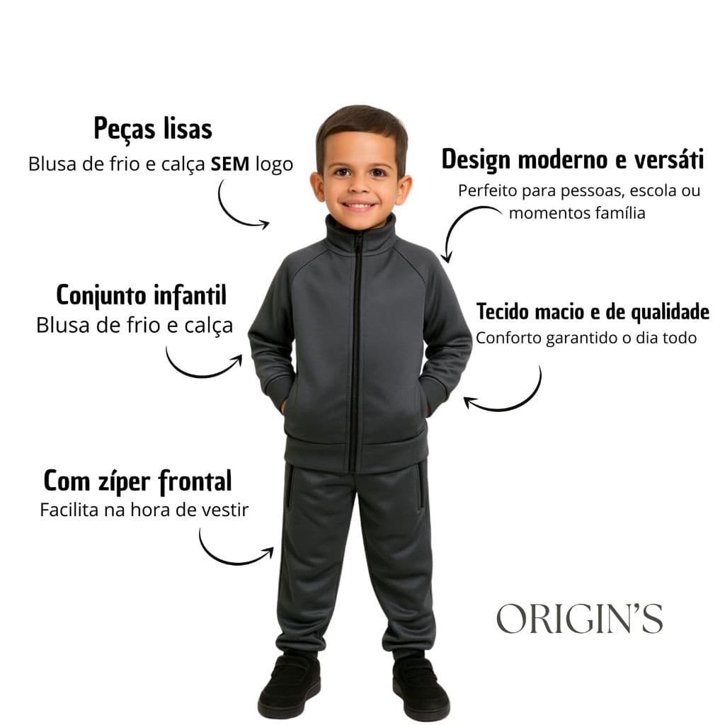 Blusa Mais Calça Infantil Masculino Liso Com Bolsos Ziper Slim Fit Blusa Para Criança