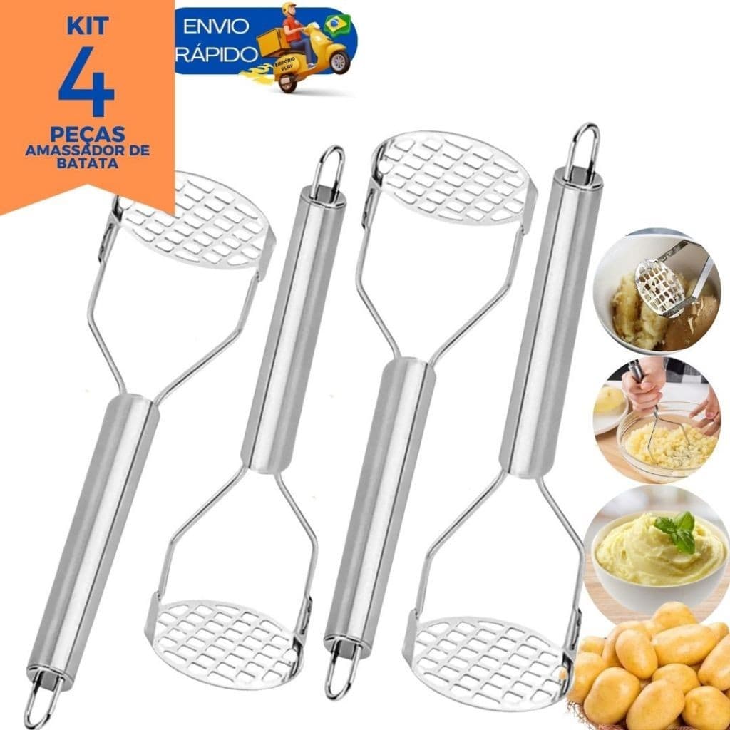 Kit 4 Amassador Batatas Espremedor Manual Legumes Multiuso Aço Inox Com Cabo Anatômico Cozinha