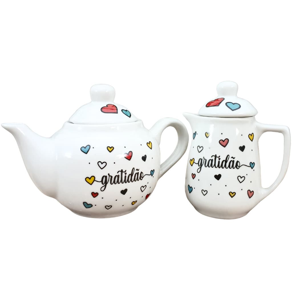 Kit Bule 200ml e Chaleira 500ml Gratidão Porcelana decorada