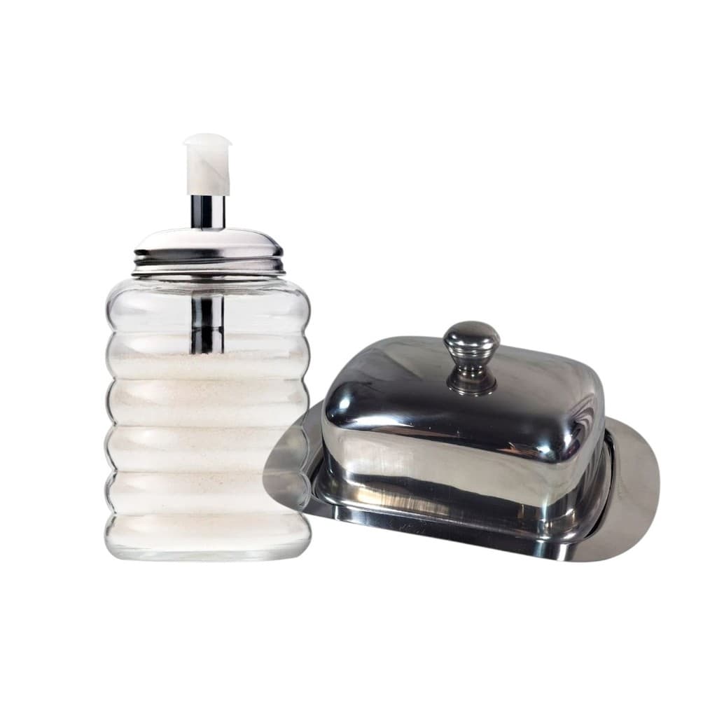 Conjunto Açucareiro De Vidro Bico Dosador + Manteigueira Inox Resistente