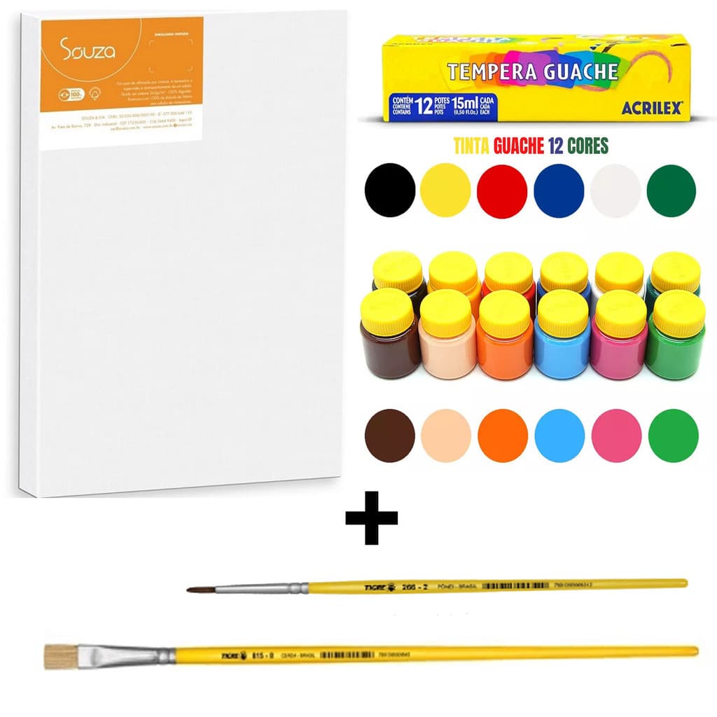 Kit 1 Tela 20x30cm + 2 Pinceis + Tinta Guache 12 Cores