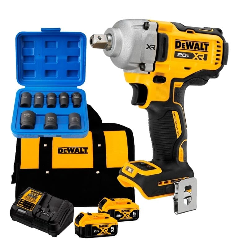 Chave de Impacto 1/2" a Bateria 20v Dewalt DCF892B-B3 + 2 Baterias 5Ah + Carregador + Jogo de Soquete 8 peças