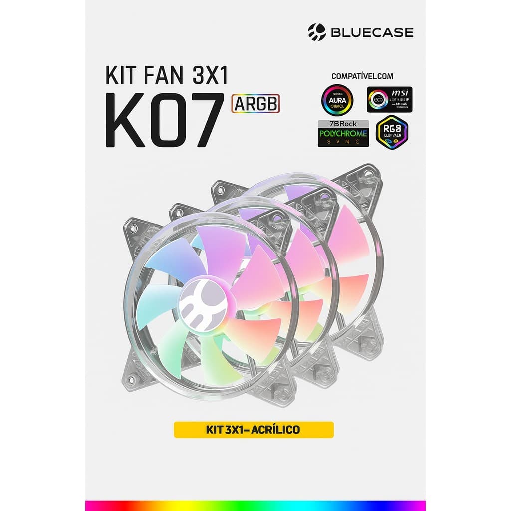 KIT 3 FANS ACRILICO CONTROLAVEL K07 ARGB LED RGB 120MM BLUECASE  VENTOINHA CONECTOR 5V PLACA-MAE