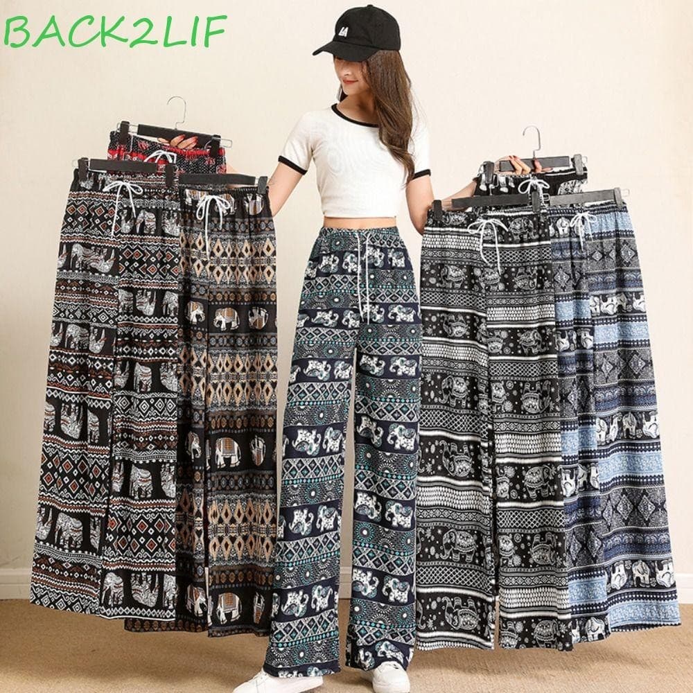 Calças Femininas De Perna Larga BACK2LIF , Confortáveis Com Estampa De Elefante Tailandês Boho Harém Casuais