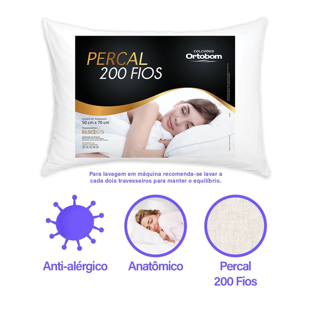 Travesseiro Ortobom Fascínio 70m X 50cm Percal 200 Fios Extra confortável