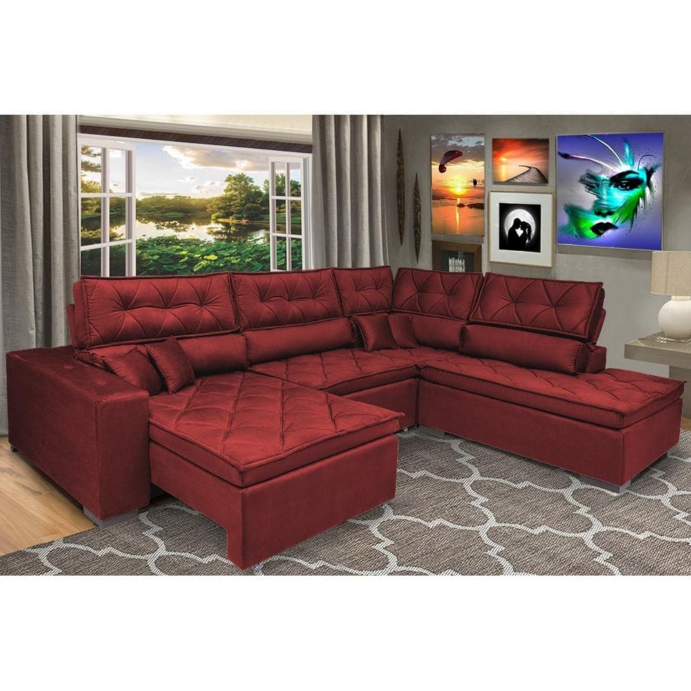 Sofá de Canto Retrátil e Reclinável com Molas Cama inBox Platinum 3,00x2,36 Tecido Suede Vermelho