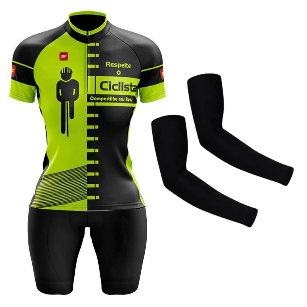 Conjunto Ciclismo Feminino Camisa Bermuda Forro Espuma Manguito Mtb Respeite o Ciclista Flúor