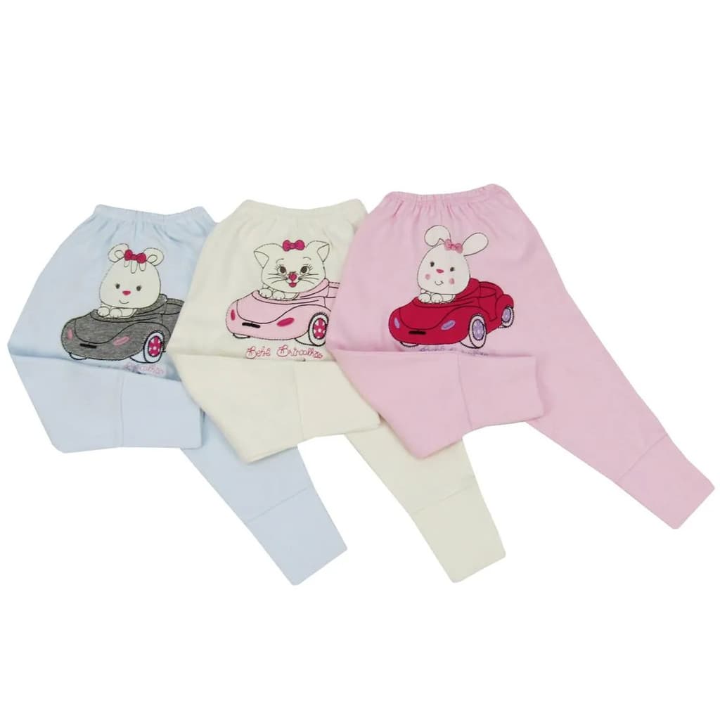Mijão Bebê Feminino com Pé Reversível Bordado no Bumbum Kit com 3 Unidades