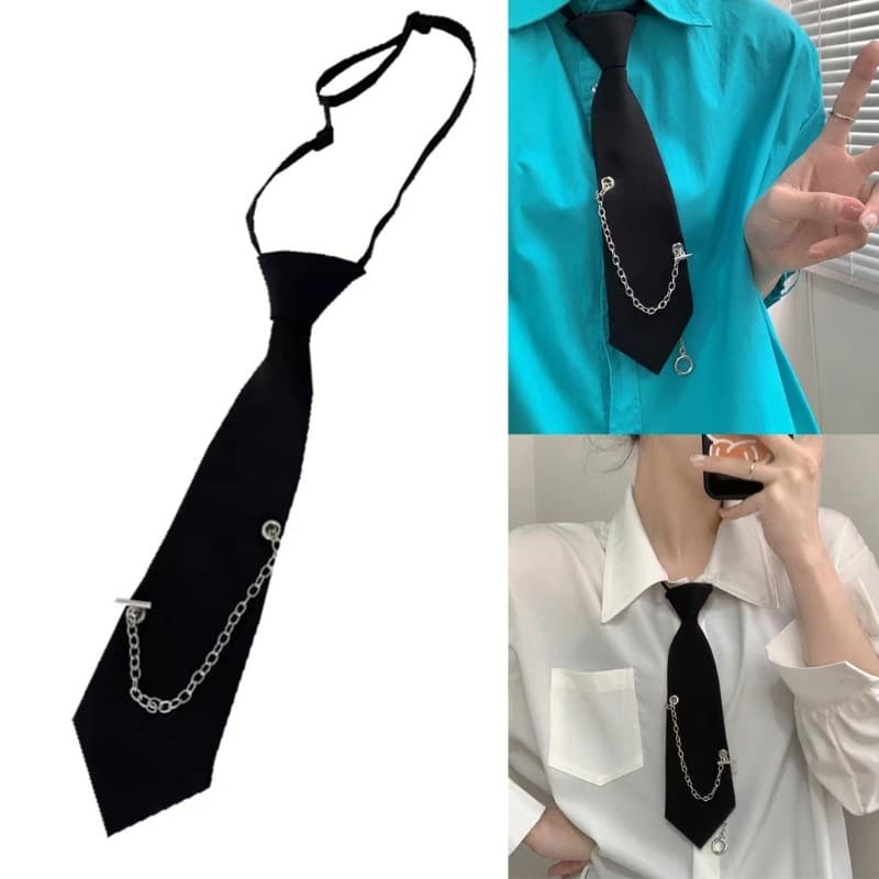 Doublebuy Gravata Unissex Ajustável Pré Amarrada Hiphop Punk Corrente De Metal Uniforme De Estudante