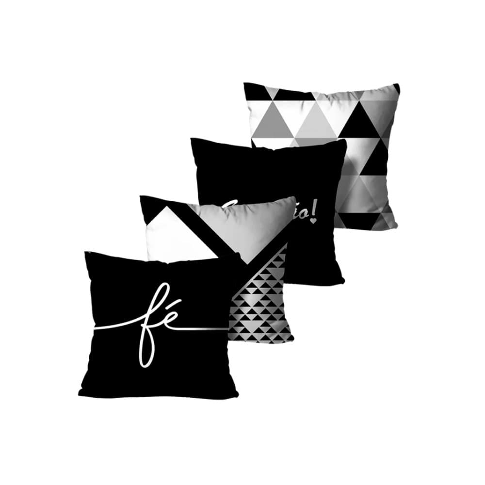 Kit 4 Capas de Almofadas Decorativas Fé Preto e Branco