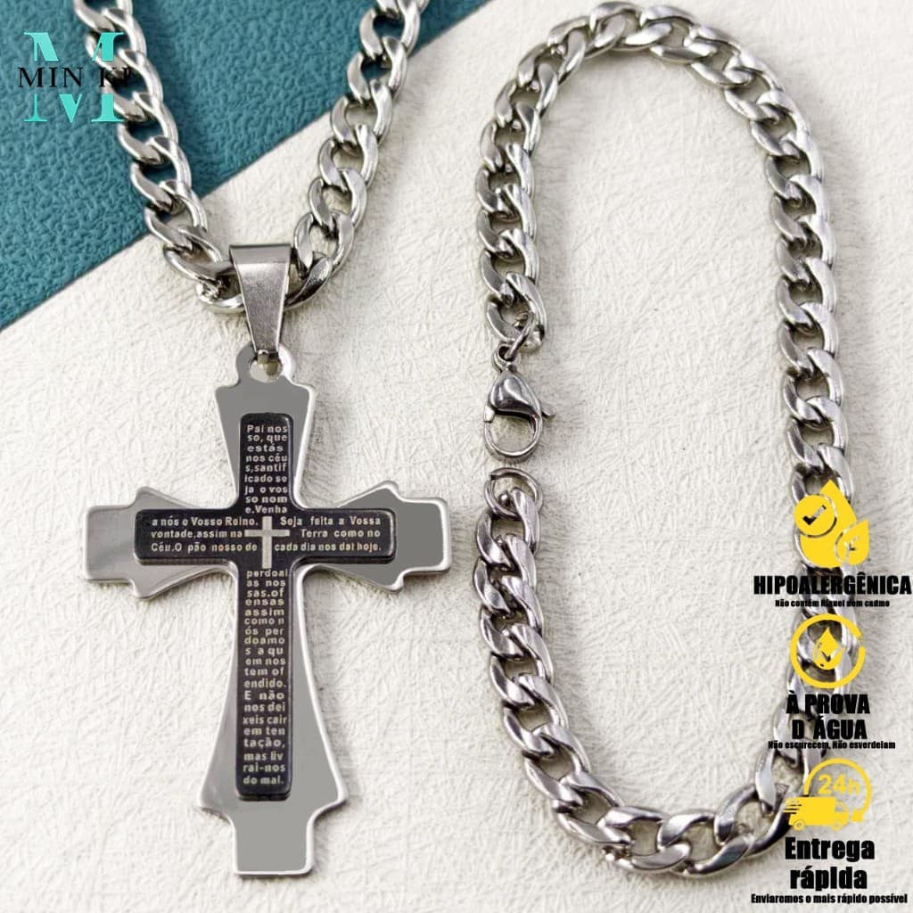 Colar Corrente e Pulseira de Masculinos Com Pingente Cruz em Colares Prata Aço Inoxidável 316L 60cm