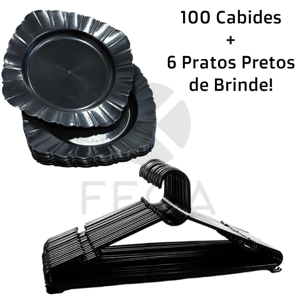 Kit 100 cabides Resistente Antideslizante Envio Imediato Direto da Fabrica com 6 Pratos Pretos