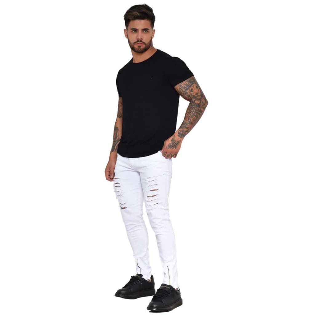 Calça Jeans Skinny Masculina Rasgada Com Zíper Na Perna