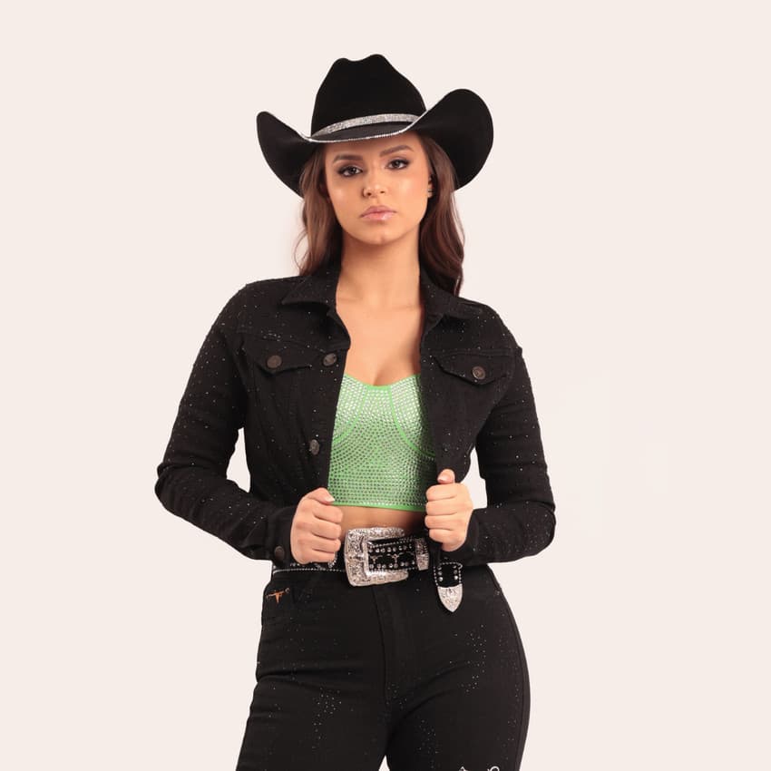 Jaqueta Jeans Preta Feminino Brilhos Pretos Bordada Cowgirl Moda Country Texas Ranch Jeans Oficial