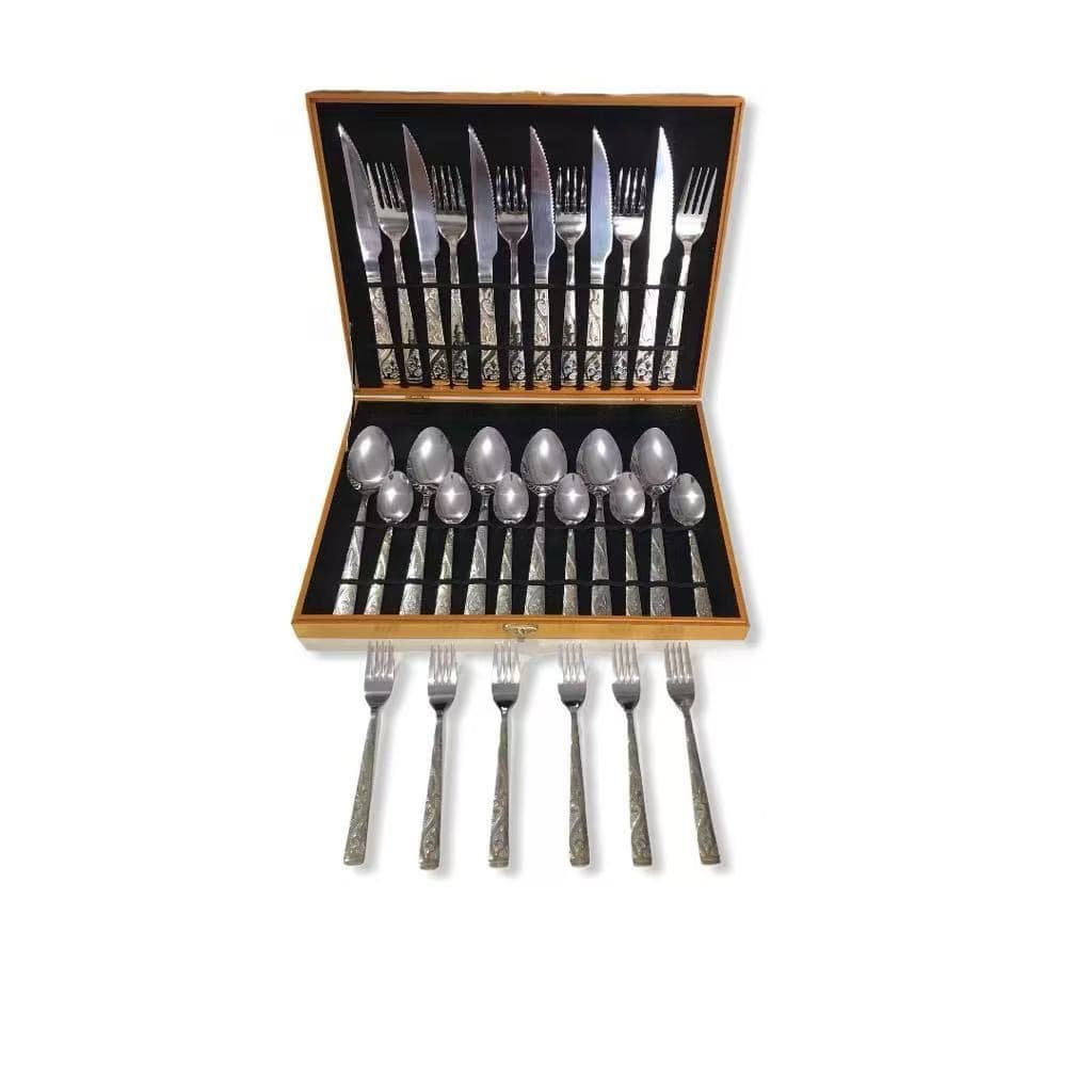 Kit Faqueiro Inox 24 Peças Faca Garfo C/ Detalhes Dourado + Maleta + Promoçao