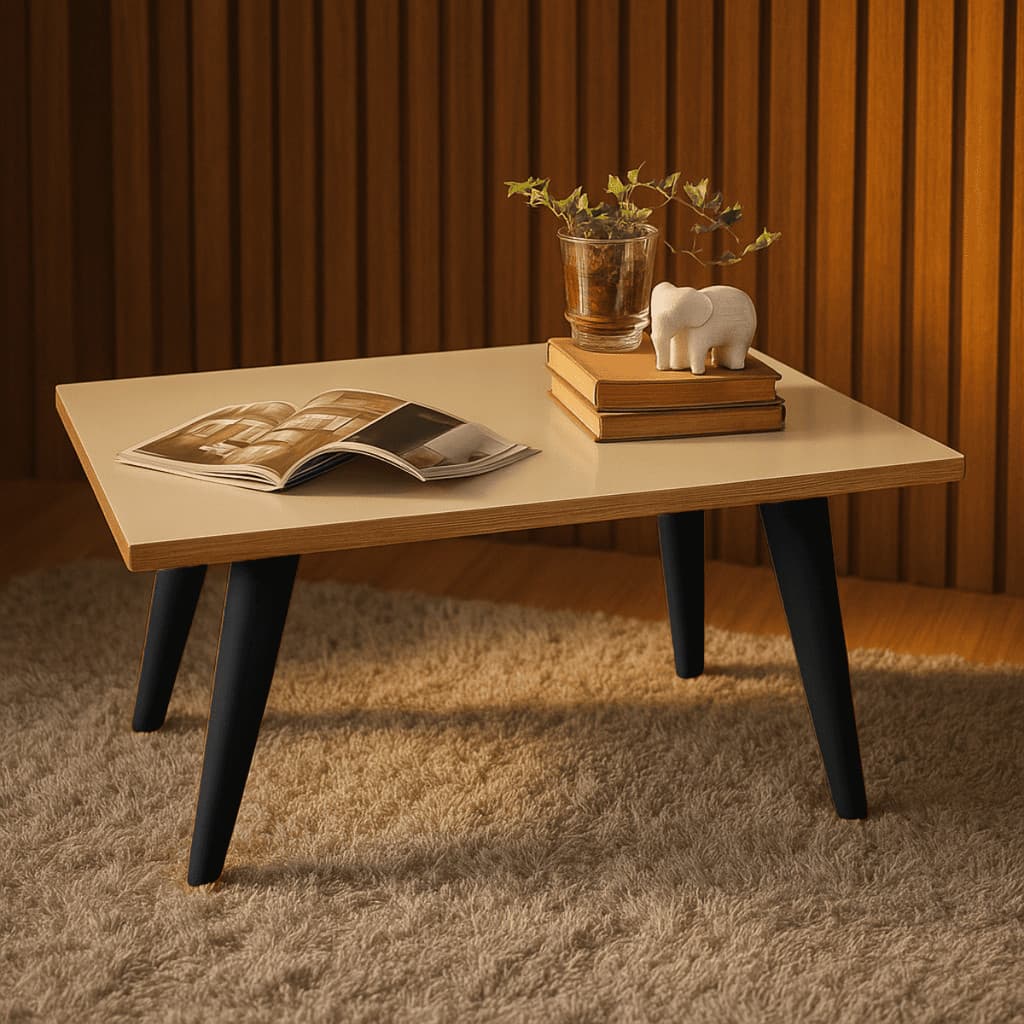 Mesa De Centro Retangular Para Meio Sala Com Pés Preto Pvc Cor Preto
