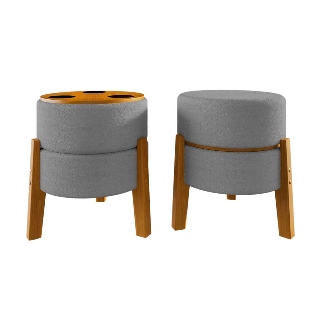 Kit 2 Puffs Bouclé Cinza - Mesinha Porta Copos Integrado Funcional e Decorativo Sala Halls de Entrada