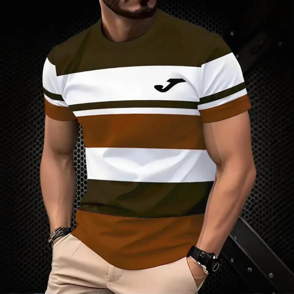 Moda Masculina Verão Ao Ar Livre Casual Camiseta Turned Neck Manga Curta Listrado Topo 3D Impresso Criança Crianças Topo