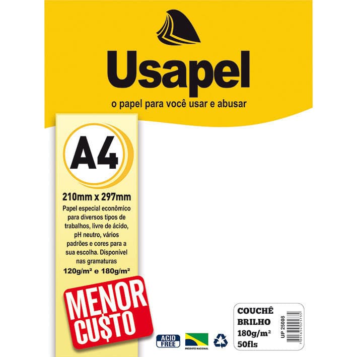 Papel Couche Brilho Usapel A4 180g Pacote Com 50 Folhas