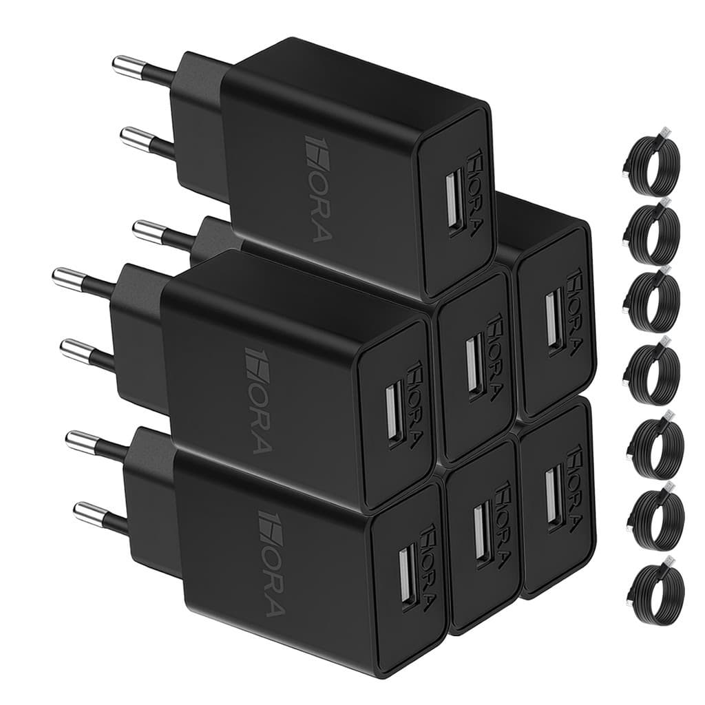 KIT 7X Carregador Usb 1Hora + Cabo Micro Usb/Usb A Preto