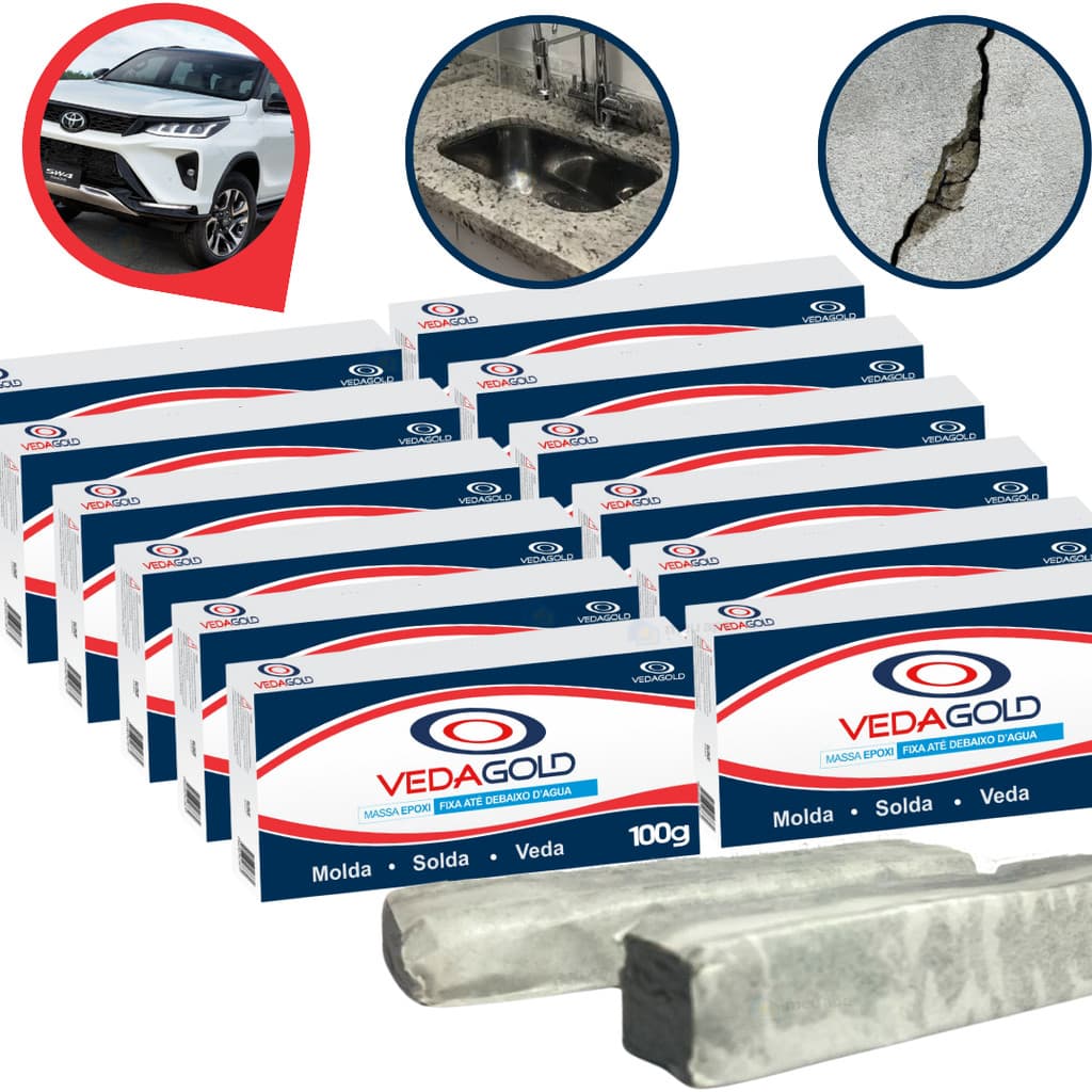 Kit 10 Massa Epóxi Adesivo Veda Tudo Vedação Baixo d'Água SubAquática Fixa Pia Mármore VedaGold 1Kg