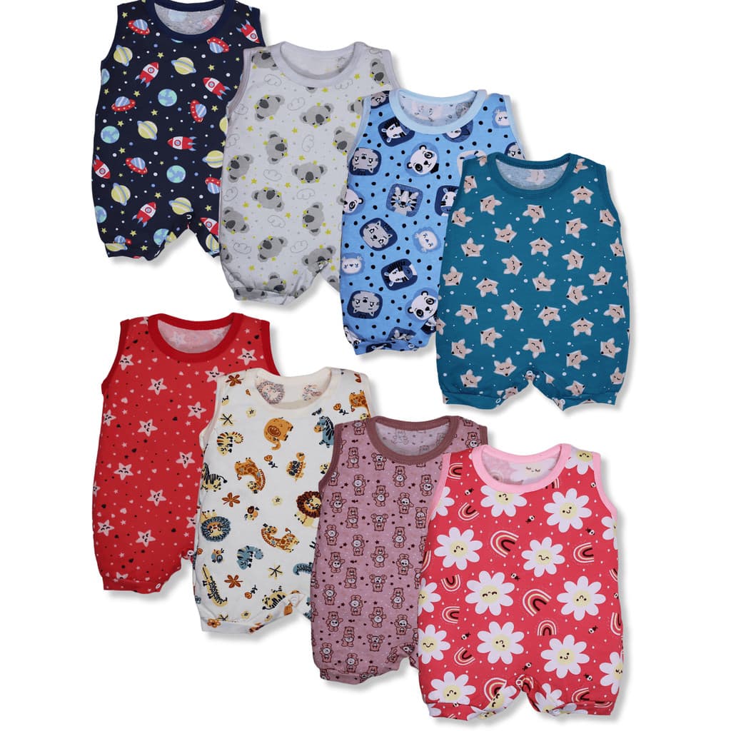 Kit 4 Peças Macacão Curto Bebe Jardineira Banho De Sol Menino Menina