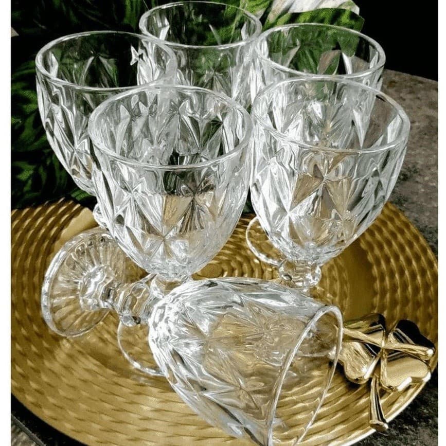 Jogo 6 Taças Diamond Vidro Transparente 240ML ou 340ML Conjunto Taça Para Vinho Água Drinks Buffet