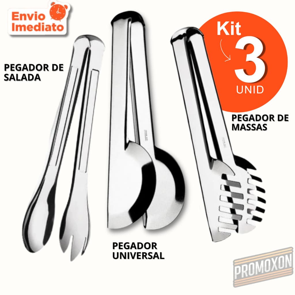 Kit Utensílios Inox 20cm Pegador de Massa, Salada e Universal Cozinha Prática e Funcional