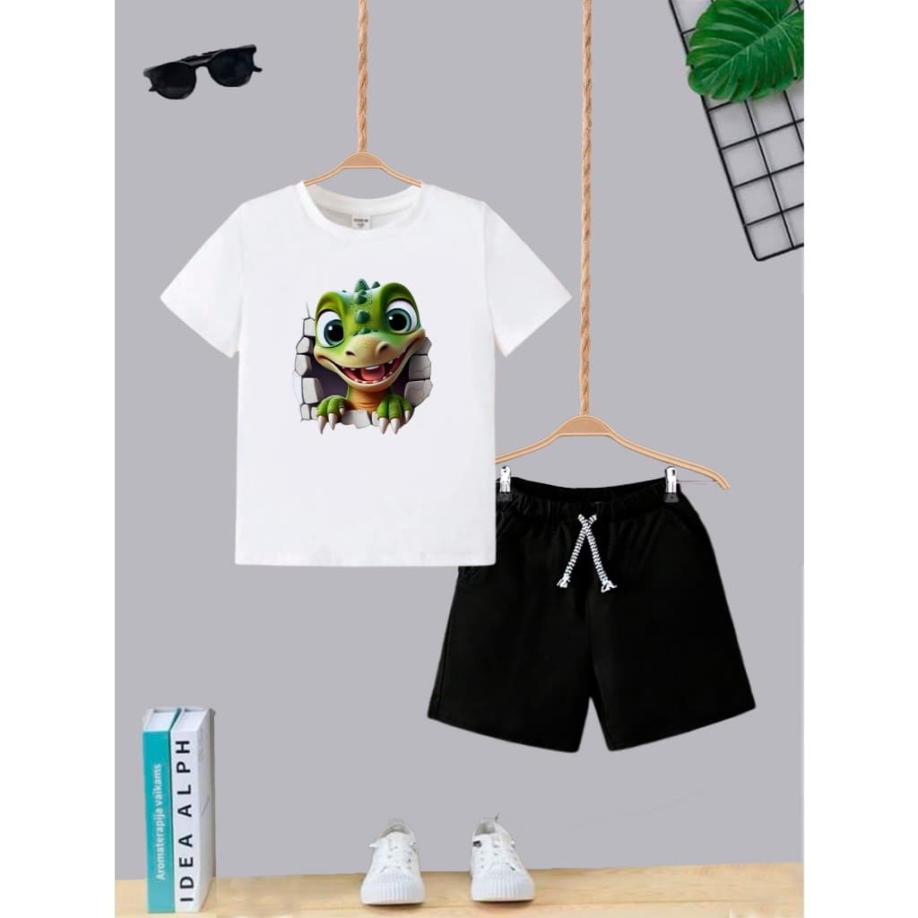 Kit Conjunto Infantil Short Com Bolso e Camiseta Algodão Dinossauro Pedra Passeio kids