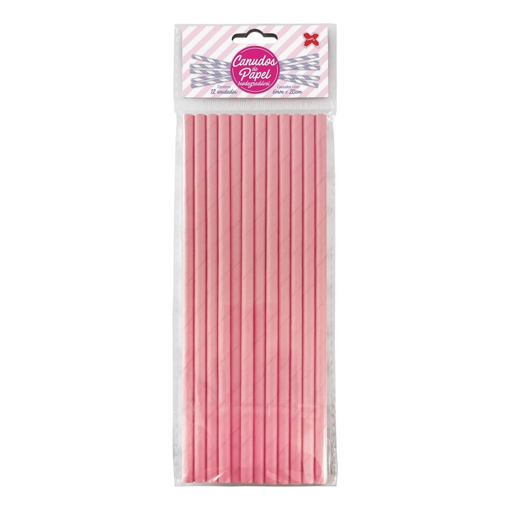 Canudo de Papel Rosa 6mmx200mm - 4323 - 12 unidades