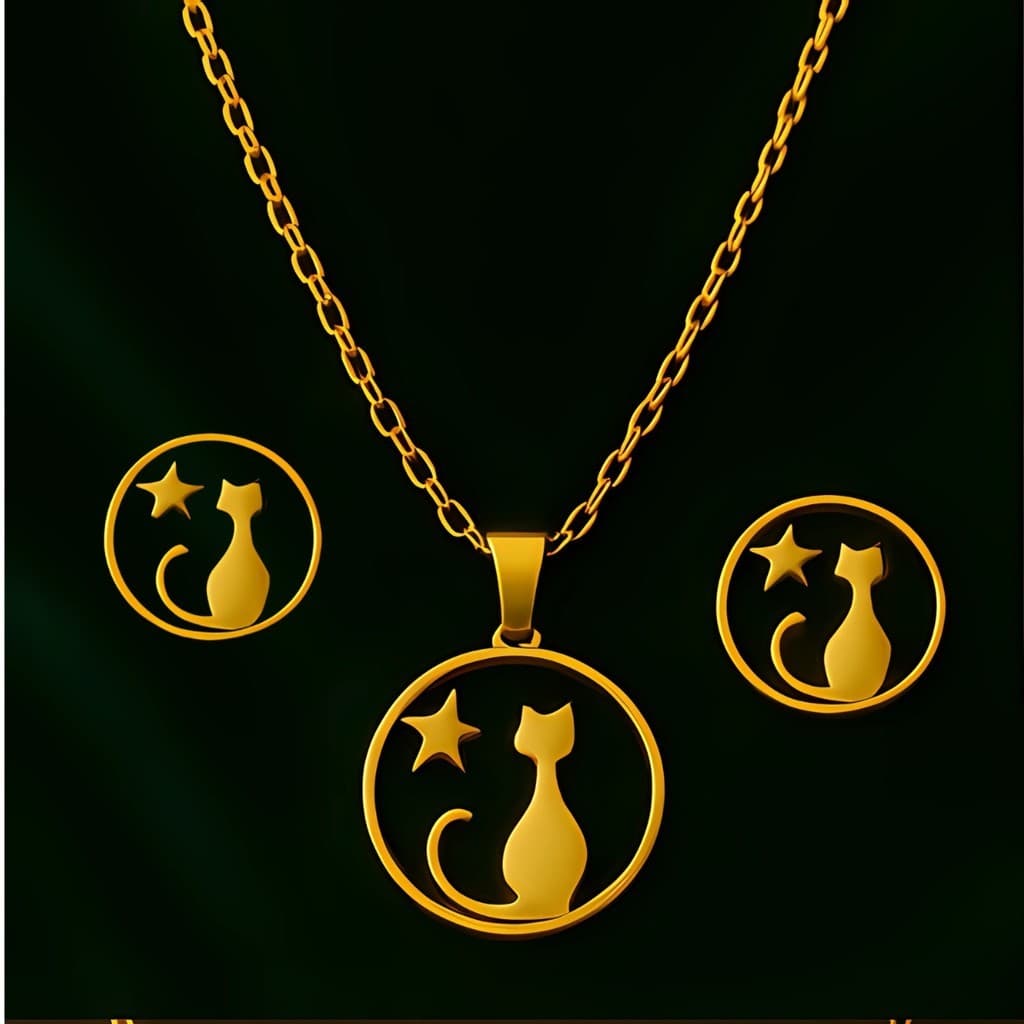 Conjunto Feminino Colar Par Brincos Gatinho Aço