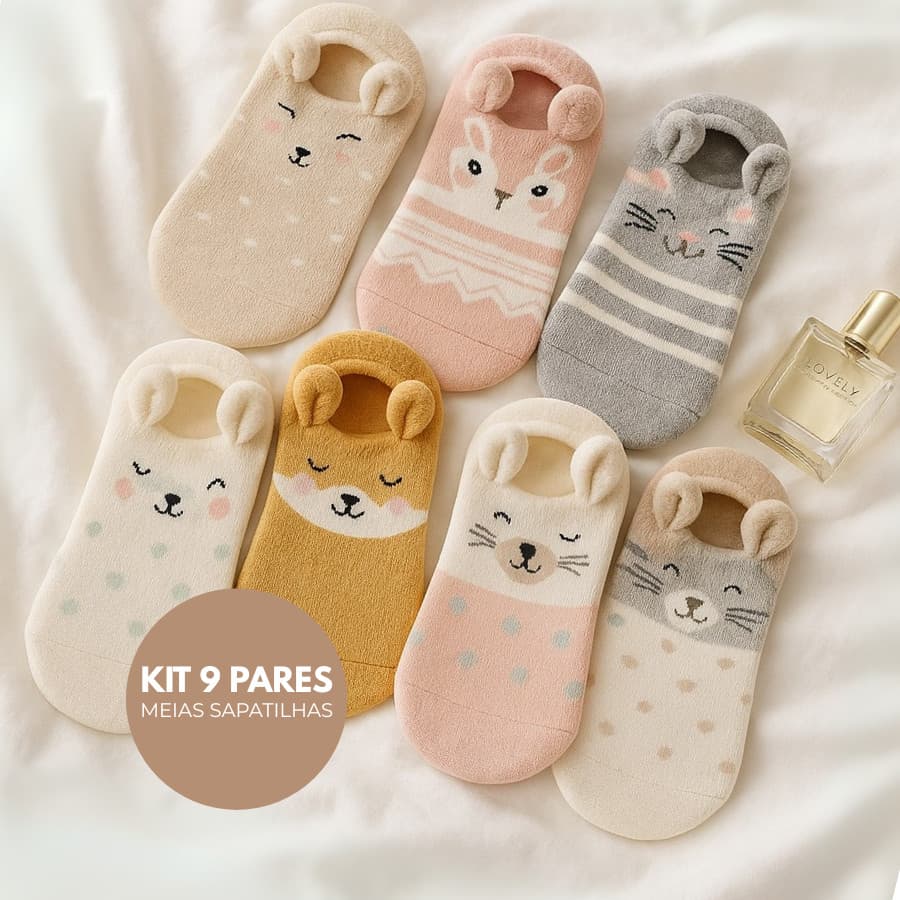 KIT 9 Pares Meia Sapatilha Feminina Adulto Algodão Bichinhos Infantil Divertida Invisivel Cano Curto Menina