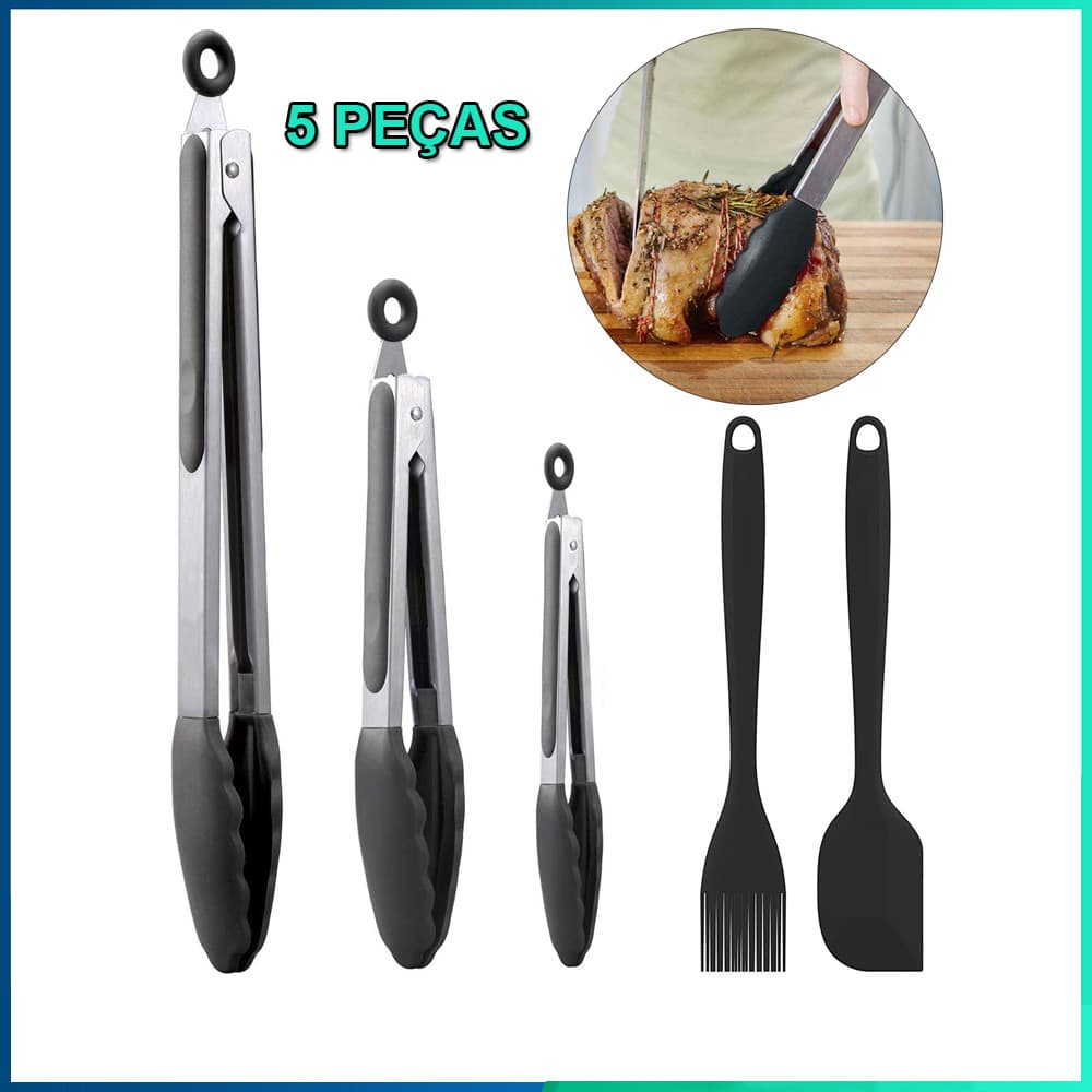 Kit 5 Pegadores De Silicone e Inox Para Alimentos Pinça Pequeno/Médio/Grande