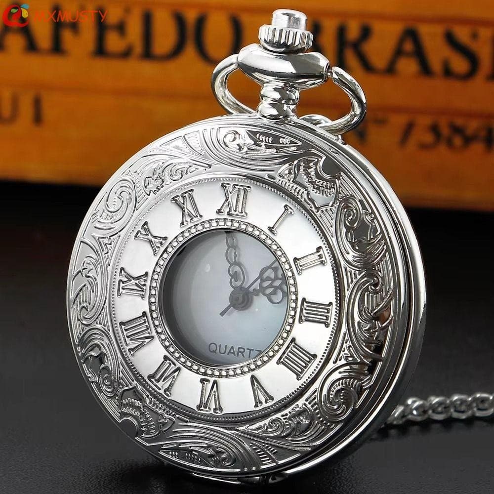 MXMUSTY Relógio De Bolso Vintage , Display Em Escala Romana , Pingente De Quartzo , Corrente De Bronze , Estojo Oco